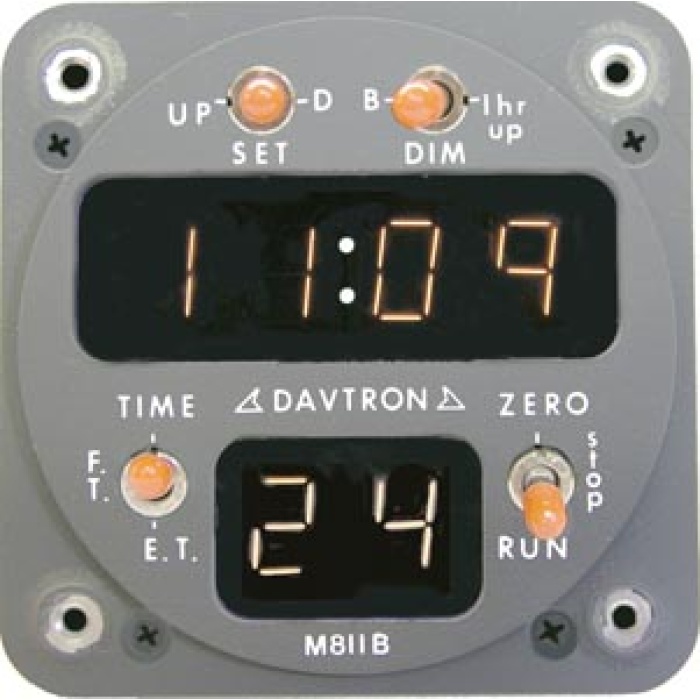 CHRONOMETER/M811 Digital clock. Displays universal time, local time and flight time, 24 hour LT, 2 1/4 internal mount, 6 digit display, gray face plate.